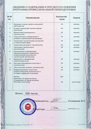 Образец приложения оборотная сторона (итоговое тестирование) по программе Руководитель строительной организации