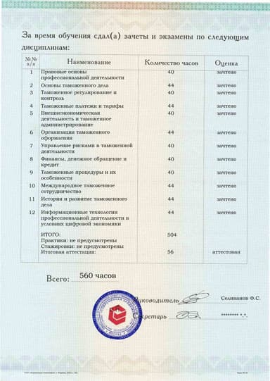 Образец приложения оборотная сторона (аттестационная работа) по программе Таможенное дело