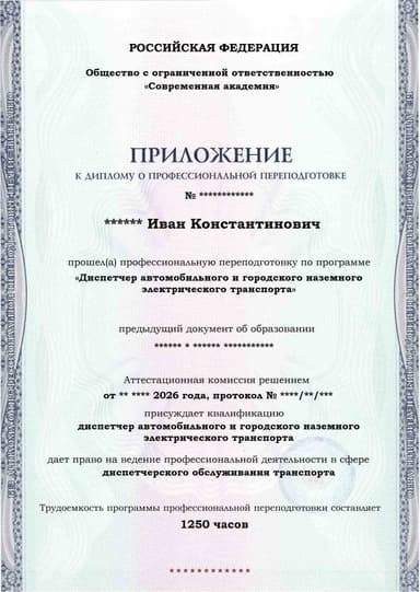 Образец приложения лицевая сторона (итоговое тестирование) по программе Диспетчер автомобильного и городского наземного электрического транспорта