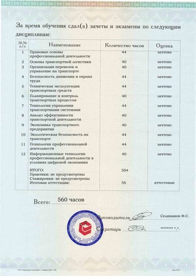 Образец приложения оборотная сторона (аттестационная работа) по программе Диспетчер автомобильного и городского наземного электрического транспорта