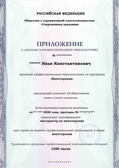 Образец приложения лицевая сторона (итоговое тестирование) по программе Иппотерапия