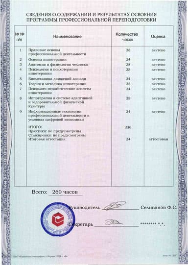 Образец приложения оборотная сторона (итоговое тестирование) по программе Иппотерапия