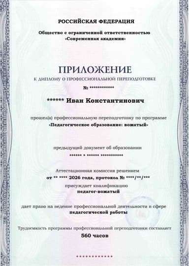 Образец приложения лицевая сторона (итоговое тестирование) по программе Педагогическое образование: вожатый