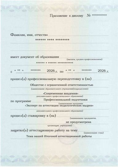 Образец приложения лицевая сторона (аттестационная работа) по программе Эксперт по аттестации педагогических кадров