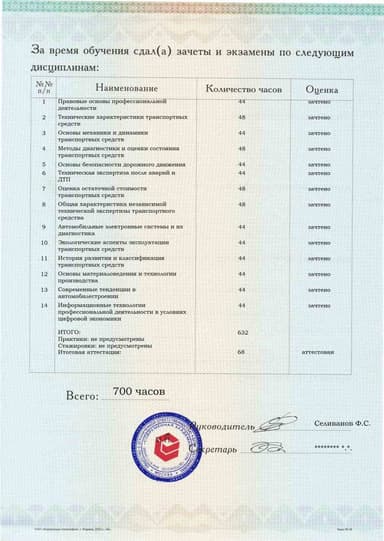 Образец приложения оборотная сторона (аттестационная работа) по программе Независимая техническая экспертиза транспортных средств