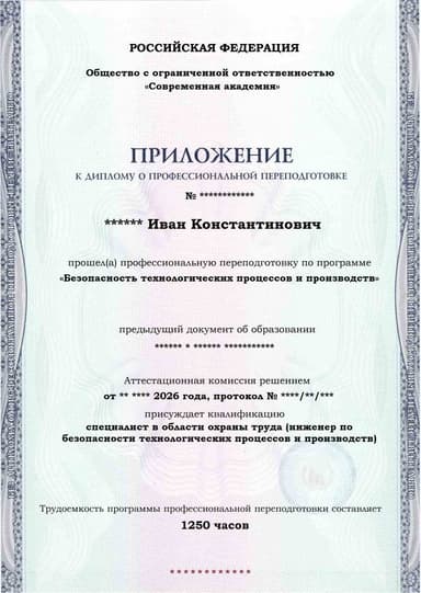 Образец приложения лицевая сторона (итоговое тестирование) по программе Безопасность технологических процессов и производств