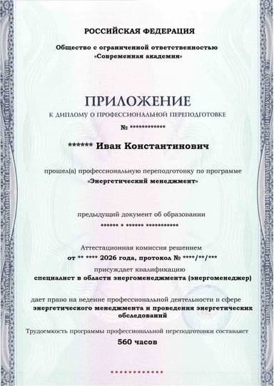 Образец приложения лицевая сторона (итоговое тестирование) по программе Энергетический менеджмент