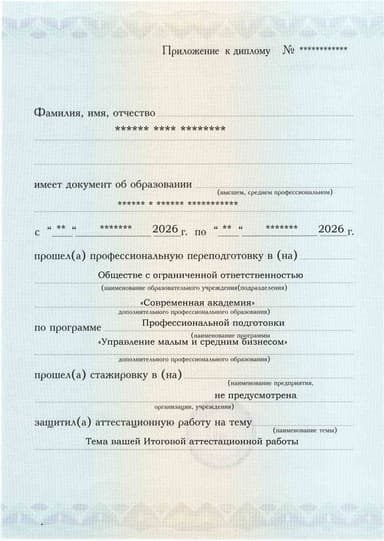 Образец приложения лицевая сторона (аттестационная работа) по программе Управление малым и средним бизнесом