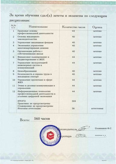 Образец приложения оборотная сторона (аттестационная работа) по программе Управление многоквартирными домами