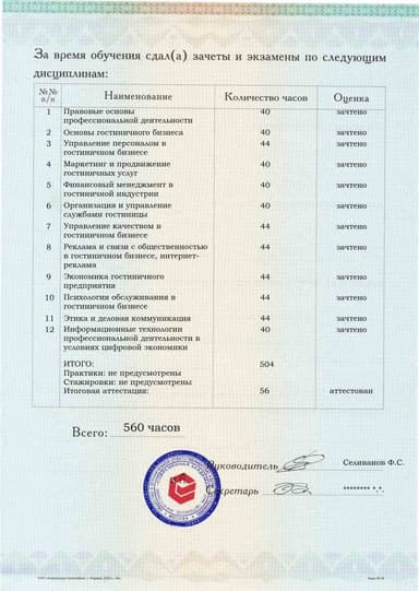 Образец приложения оборотная сторона (аттестационная работа) по программе Директор гостиницы (отеля, дома отдыха)