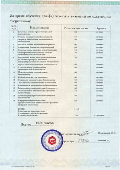 Образец приложения оборотная сторона (аттестационная работа) по программе Экономическая безопасность