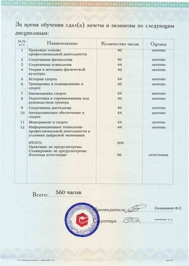 Образец приложения оборотная сторона (аттестационная работа) по программе Спортсмен