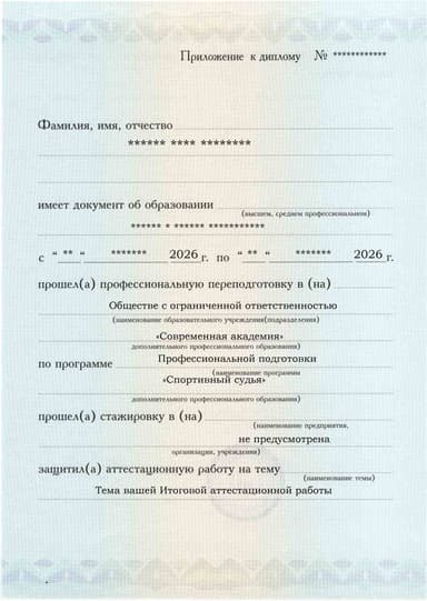Образец приложения лицевая сторона (аттестационная работа) по программе Спортивный судья