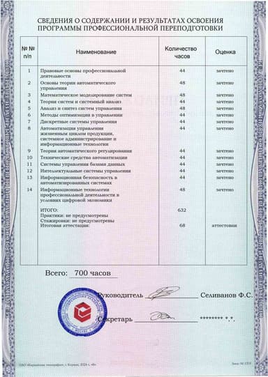 Образец приложения оборотная сторона (итоговое тестирование) по программе Автоматизация систем управления