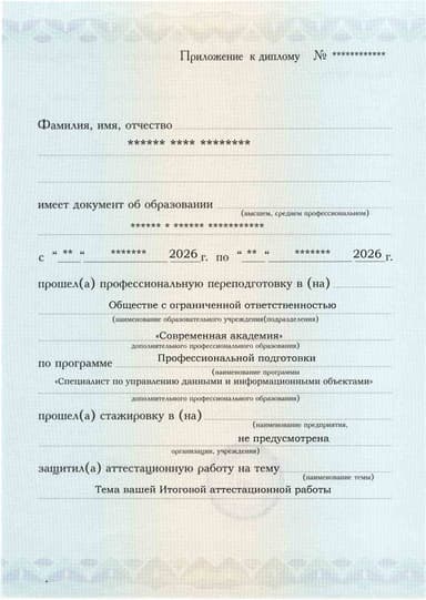 Образец приложения лицевая сторона (аттестационная работа) по программе Специалист по управлению данными и информационными объектами