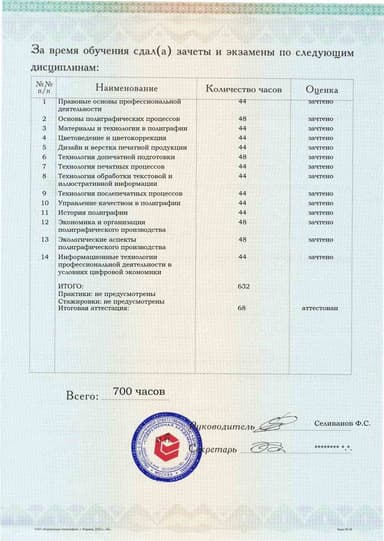 Образец приложения оборотная сторона (аттестационная работа) по программе Технология полиграфического производства