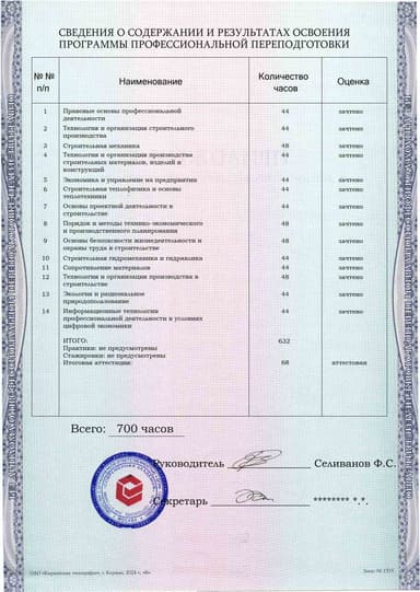 Образец приложения оборотная сторона (итоговое тестирование) по программе Инженер ПТО