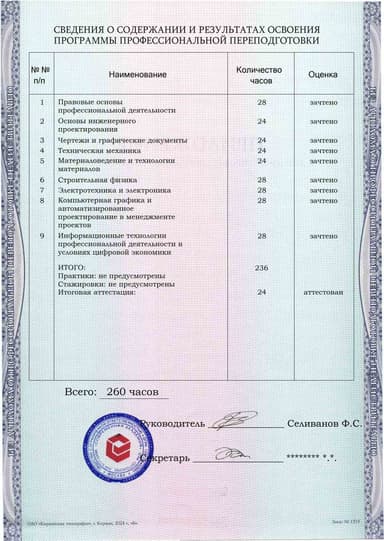 Образец приложения оборотная сторона (итоговое тестирование) по программе Инженер-проектировщик