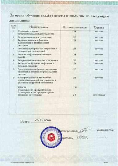 Образец приложения оборотная сторона (аттестационная работа) по программе Разработка и эксплуатация нефтяных и газовых месторождений