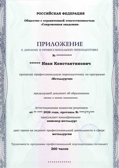 Образец приложения лицевая сторона (итоговое тестирование) по программе Металлургия