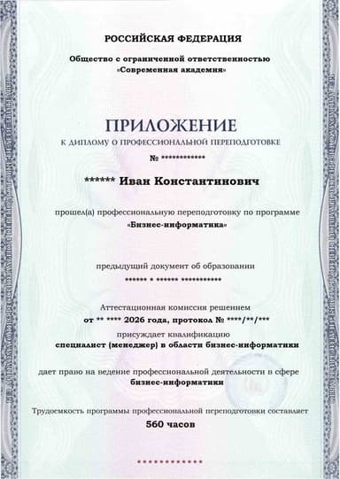 Образец приложения лицевая сторона (итоговое тестирование) по программе Бизнес-информатика