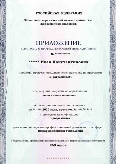 Образец приложения лицевая сторона (итоговое тестирование) по программе Программист