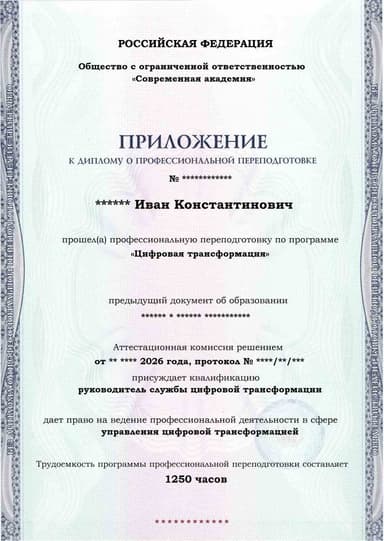 Образец приложения лицевая сторона (итоговое тестирование) по программе Цифровая трансформация