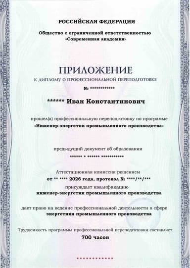 Образец приложения лицевая сторона (итоговое тестирование) по программе Инженер-энергетик промышленного производства
