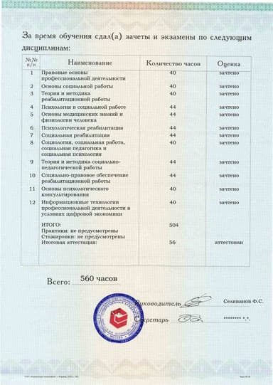 Образец приложения оборотная сторона (аттестационная работа) по программе Специалист по реабилитационной работе в социальной сфере