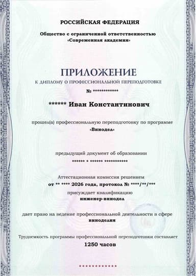 Образец приложения лицевая сторона (итоговое тестирование) по программе Винодел