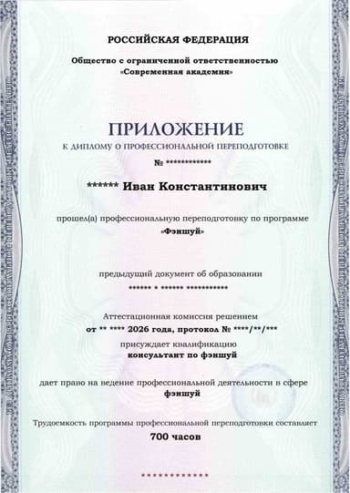 Образец приложения лицевая сторона (итоговое тестирование) по программе Фэншуй