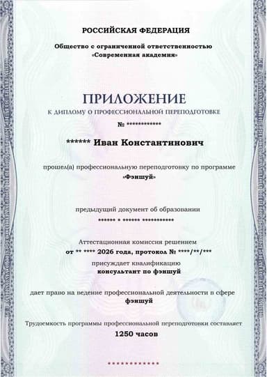 Образец приложения лицевая сторона (итоговое тестирование) по программе Фэншуй