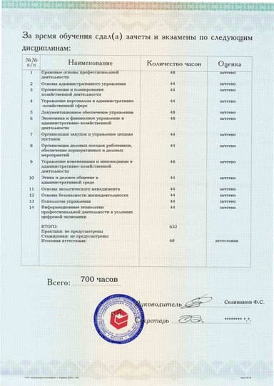 Образец приложения оборотная сторона (аттестационная работа) по программе Специалист административно-хозяйственной деятельности