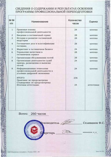 Образец приложения оборотная сторона (итоговое тестирование) по программе Гостиничный сервис