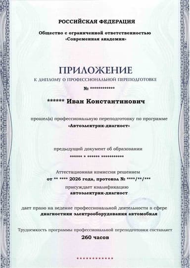 Образец приложения лицевая сторона (итоговое тестирование) по программе Автоэлектрик-диагност