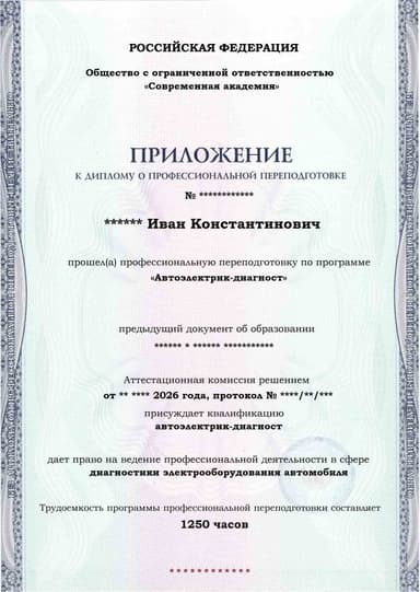 Образец приложения лицевая сторона (итоговое тестирование) по программе Автоэлектрик-диагност