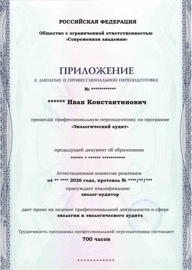 Образец приложения лицевая сторона (итоговое тестирование) по программе Экологический аудит