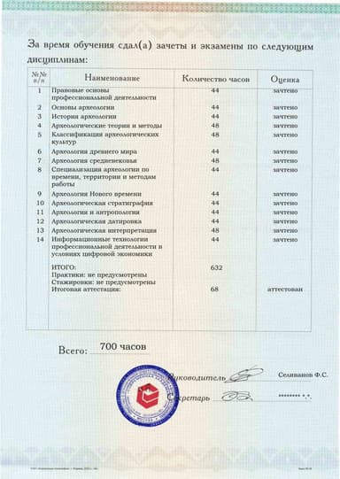 Образец приложения оборотная сторона (аттестационная работа) по программе Основы археологии
