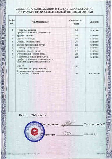 Образец приложения оборотная сторона (итоговое тестирование) по программе Нормирование и оплата труда