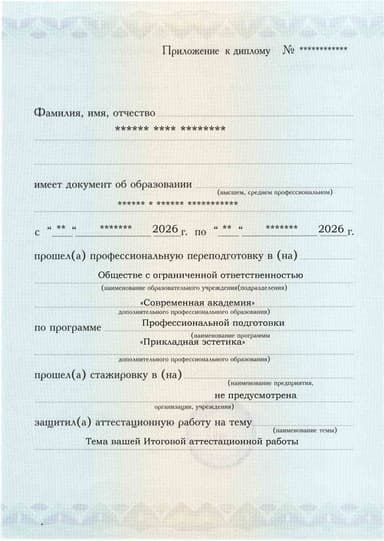 Образец приложения лицевая сторона (аттестационная работа) по программе Прикладная эстетика