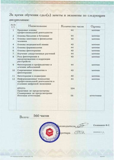 Образец приложения оборотная сторона (аттестационная работа) по программе Фитотерапия