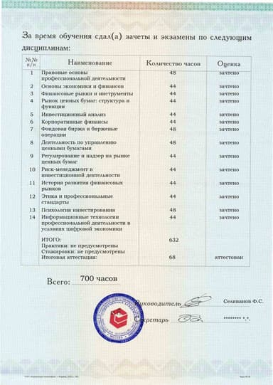 Образец приложения оборотная сторона (аттестационная работа) по программе Специалист рынка ценных бумаг