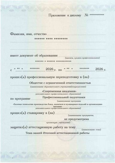 Образец приложения лицевая сторона (аттестационная работа) по программе Базовая технология производства блюд, напитков и кулинарных изделий в организациях питания