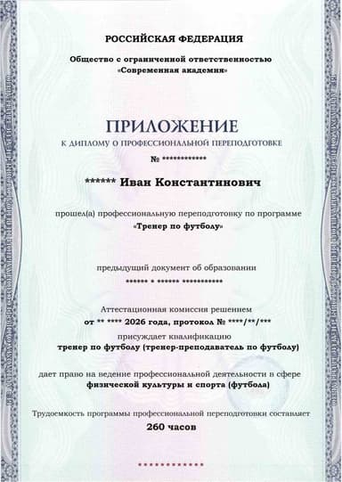 Образец приложения лицевая сторона (итоговое тестирование) по программе Тренер по футболу