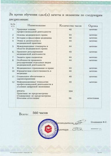 Образец приложения оборотная сторона (аттестационная работа) по программе Медицинское право