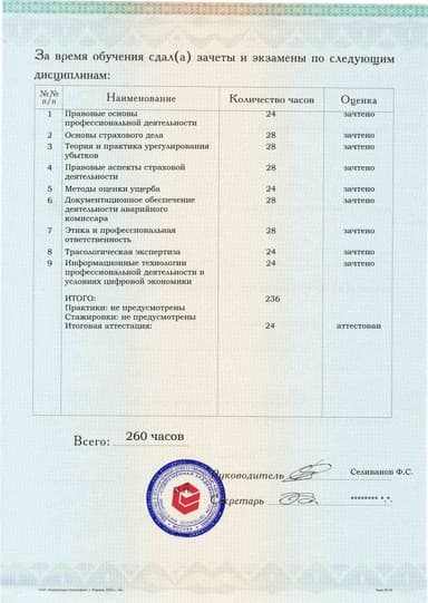 Образец приложения оборотная сторона (аттестационная работа) по программе Аварийный комиссар