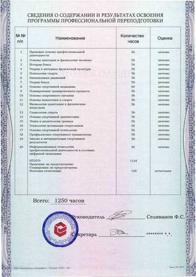 Образец приложения оборотная сторона (итоговое тестирование) по программе Тренер по боксу