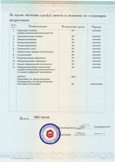 Образец приложения оборотная сторона (аттестационная работа) по программе Финансы и кредит