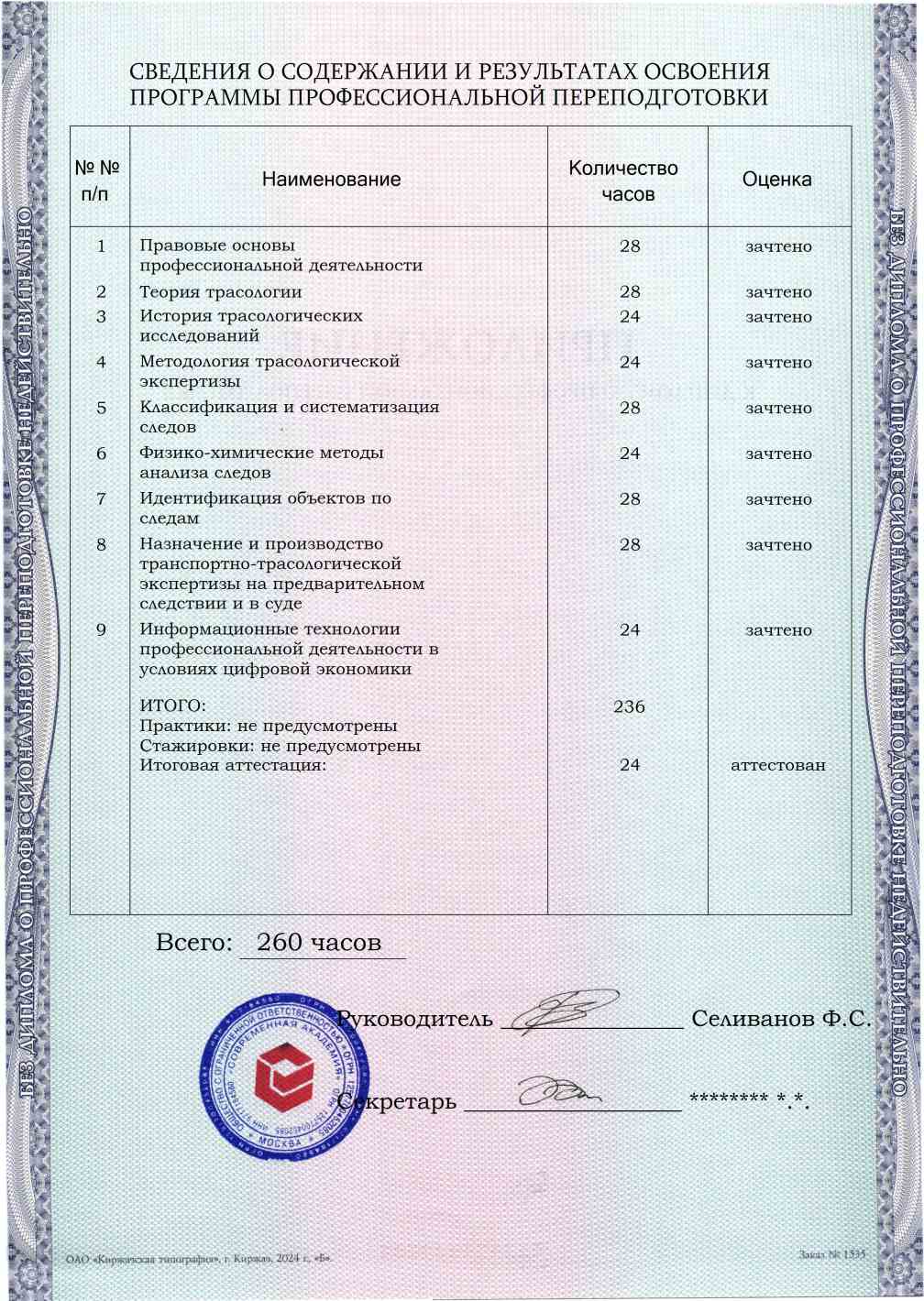 Образец приложения оборотная сторона (итоговое тестирование) по программе Трасологическая экспертиза