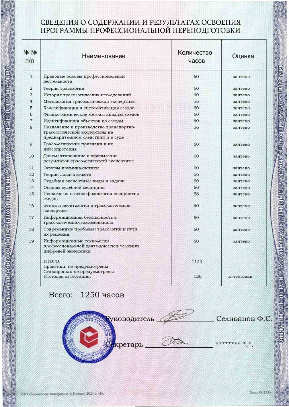 Образец приложения оборотная сторона (итоговое тестирование) по программе Трасологическая экспертиза